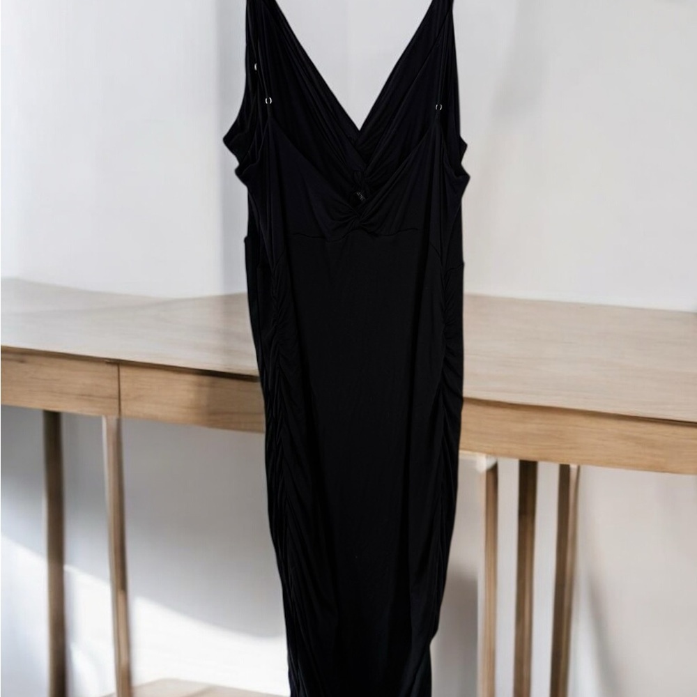 Anthropologie Black Dress Black Twist Front Midi Dress Size Large L fitted - Picture 3 of 14